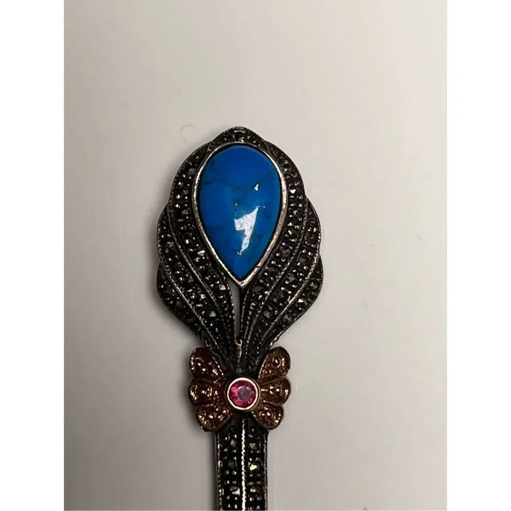 Antique Art Deco Marcasite Turquoise Pink Sapphire C-Clasp Pin Brooch